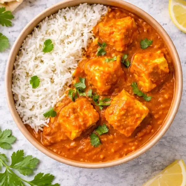 White rice served with paneer tikka masala