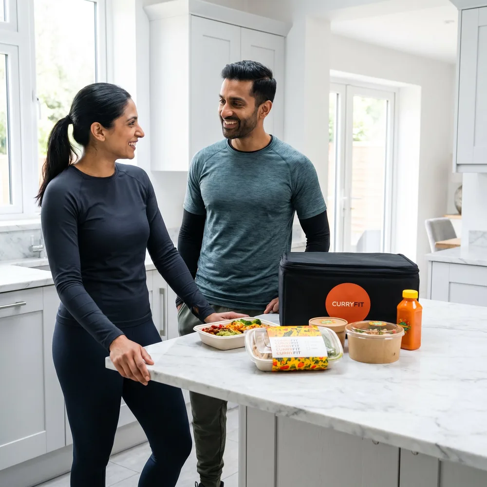 Happy CurryFit customers in their kitchen with a fresh meal delivery